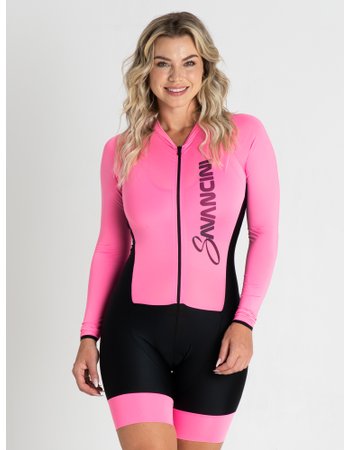 macaquinho para ciclismo feminino manga longa rosa savancini